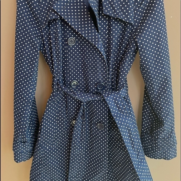 London Fog Belted Trench Coat in Navy Polka Dot Size XS - Picture 7 of 9
